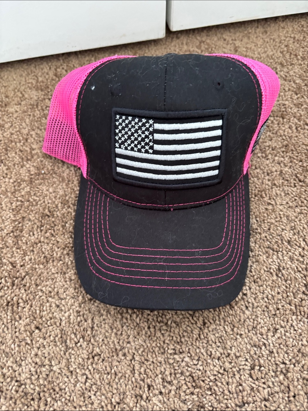 Black and Pink Trucker Hat with American Flag Patch